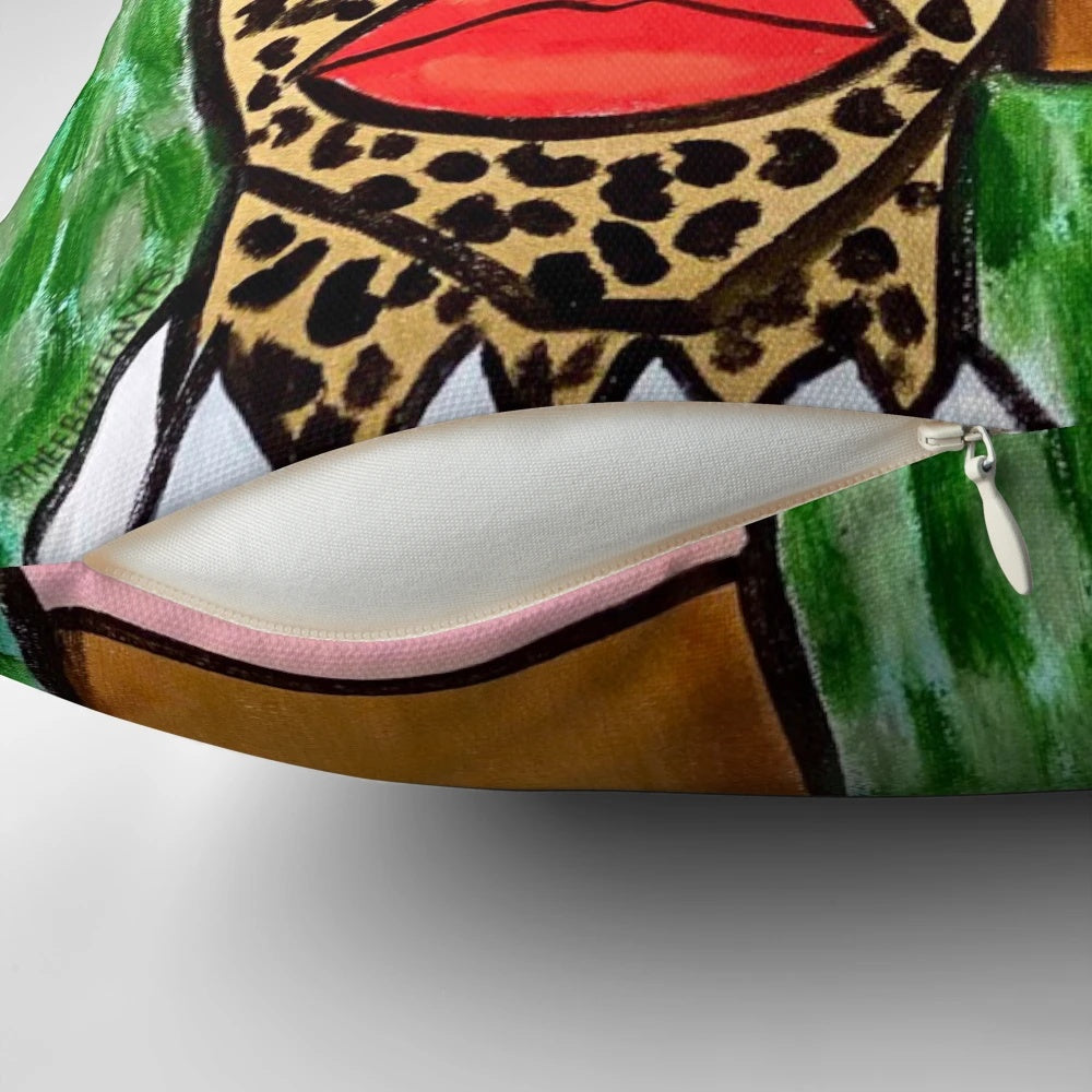 Soft, plush pillow featuring a majestic cheetah and lady design, perfect for adding a touch of natural elegance to your home.