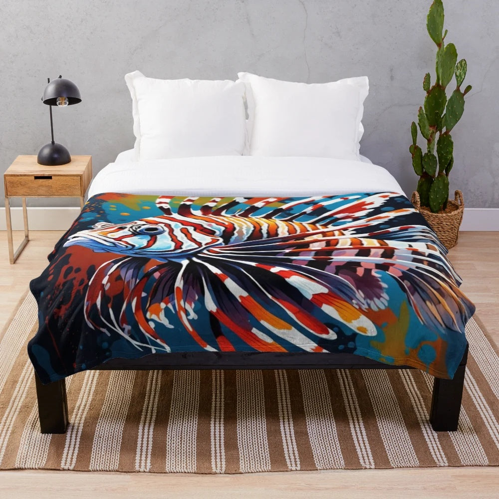 Lionfish plush blanket in a serene underwater scene