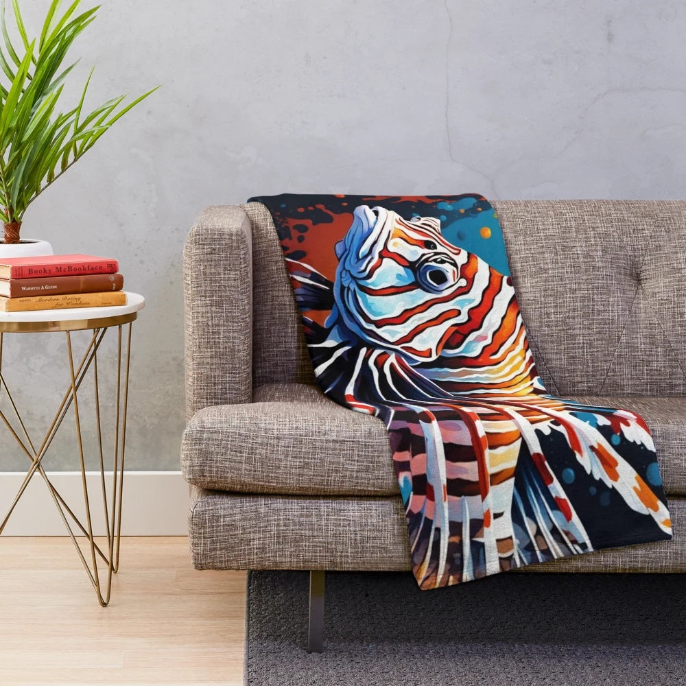 Lionfish plush blanket in a serene underwater scene