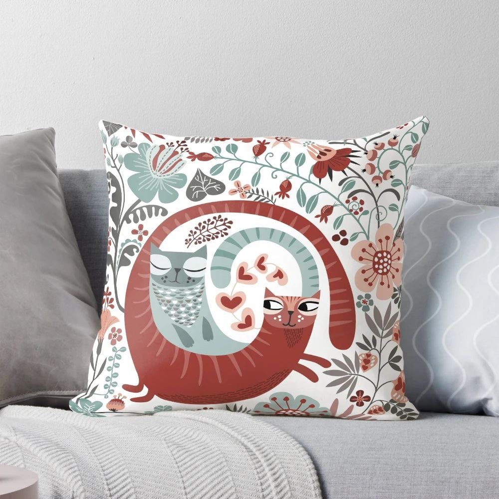 A decorative pillow featuring a retro floral pattern with cats, perfect for cat lovers on Valentine's Day.