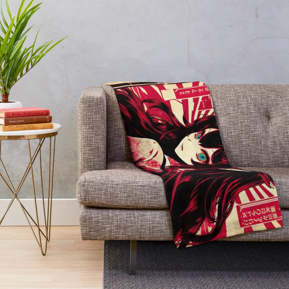 Plush blanket featuring a manga-style illustration of a demon girl with horns and colorful eyes