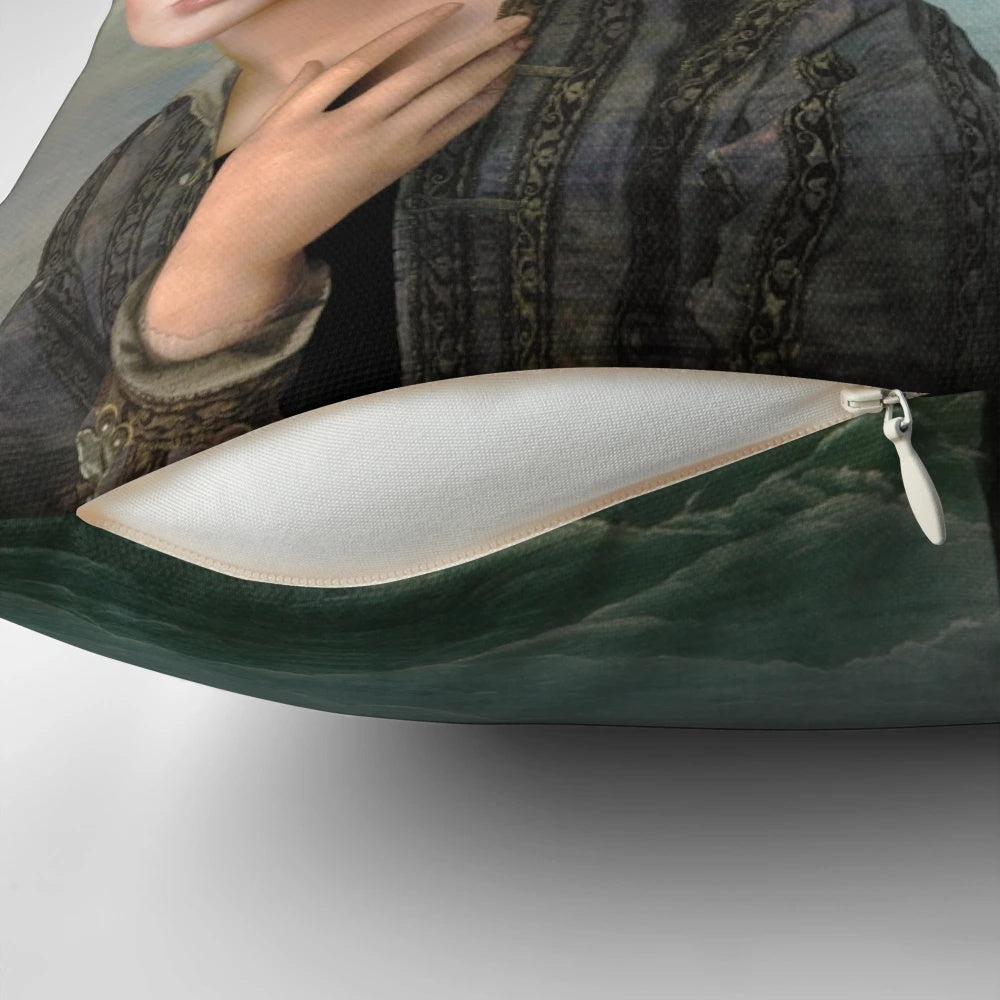 Decorative throw pillow featuring a fantasy image of a woman's hair blending into ocean waves and a ship