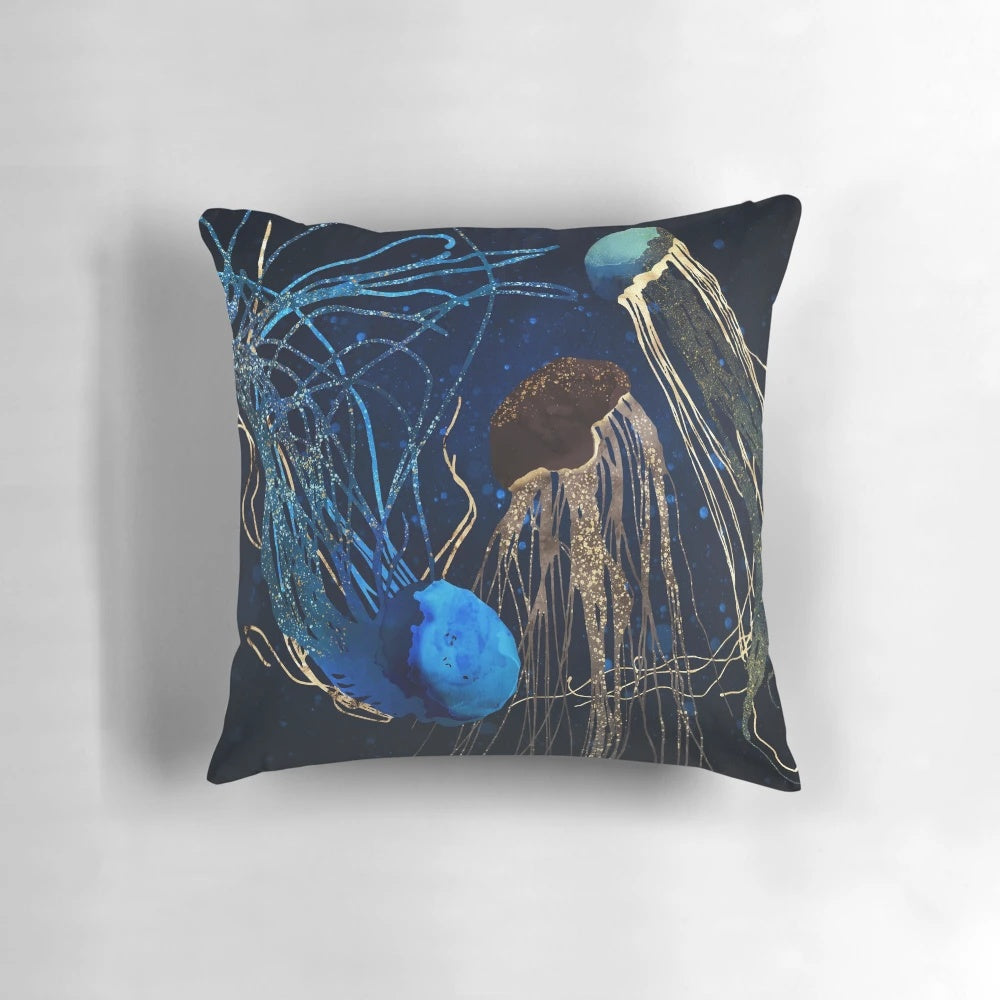 Metallic jellyfish-inspired decorative pillow with abstract underwater design