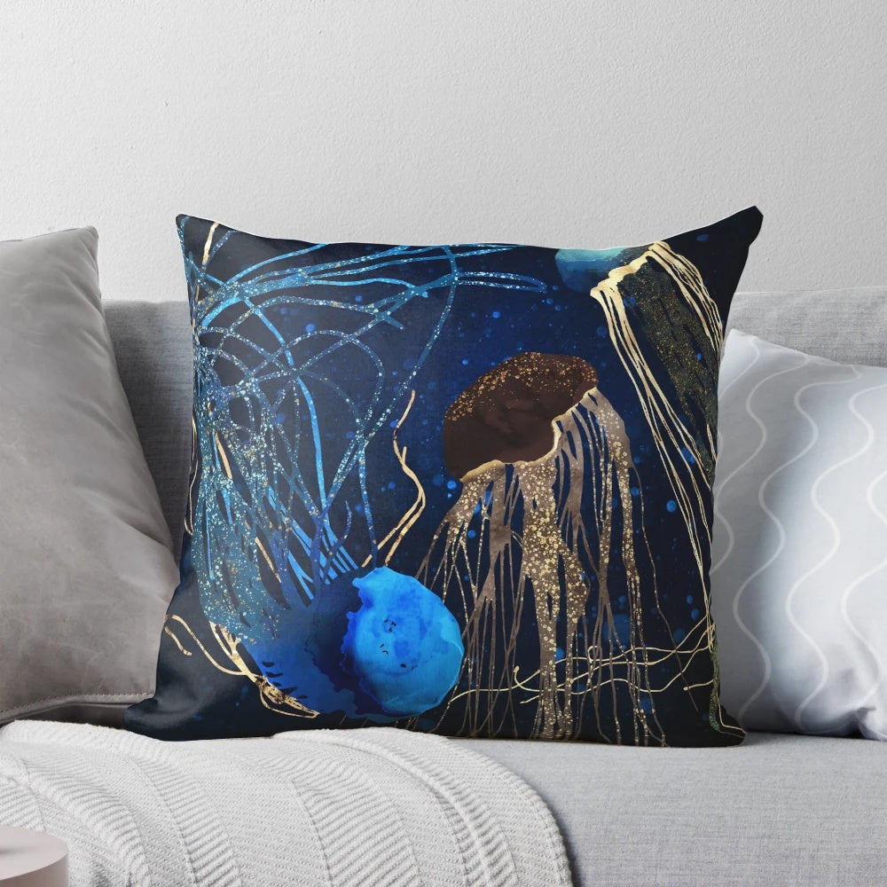 Metallic jellyfish-inspired decorative pillow with abstract underwater design