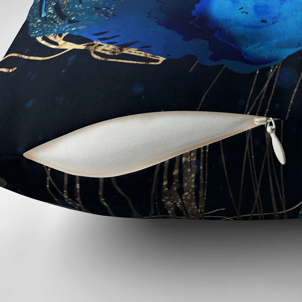 Metallic jellyfish-inspired decorative pillow with abstract underwater design