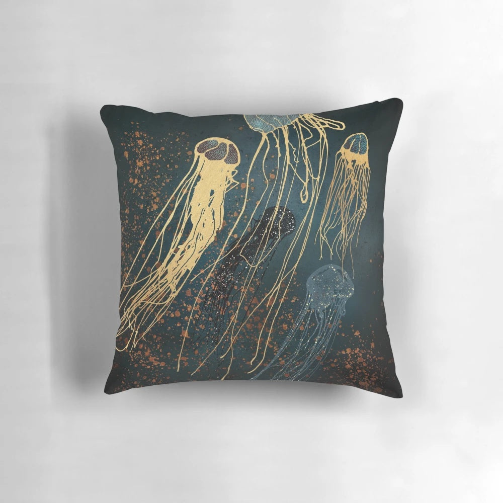 Metallic jellyfish pillow in copper, gold, and bronze tones for a contemporary ocean-themed home accent.