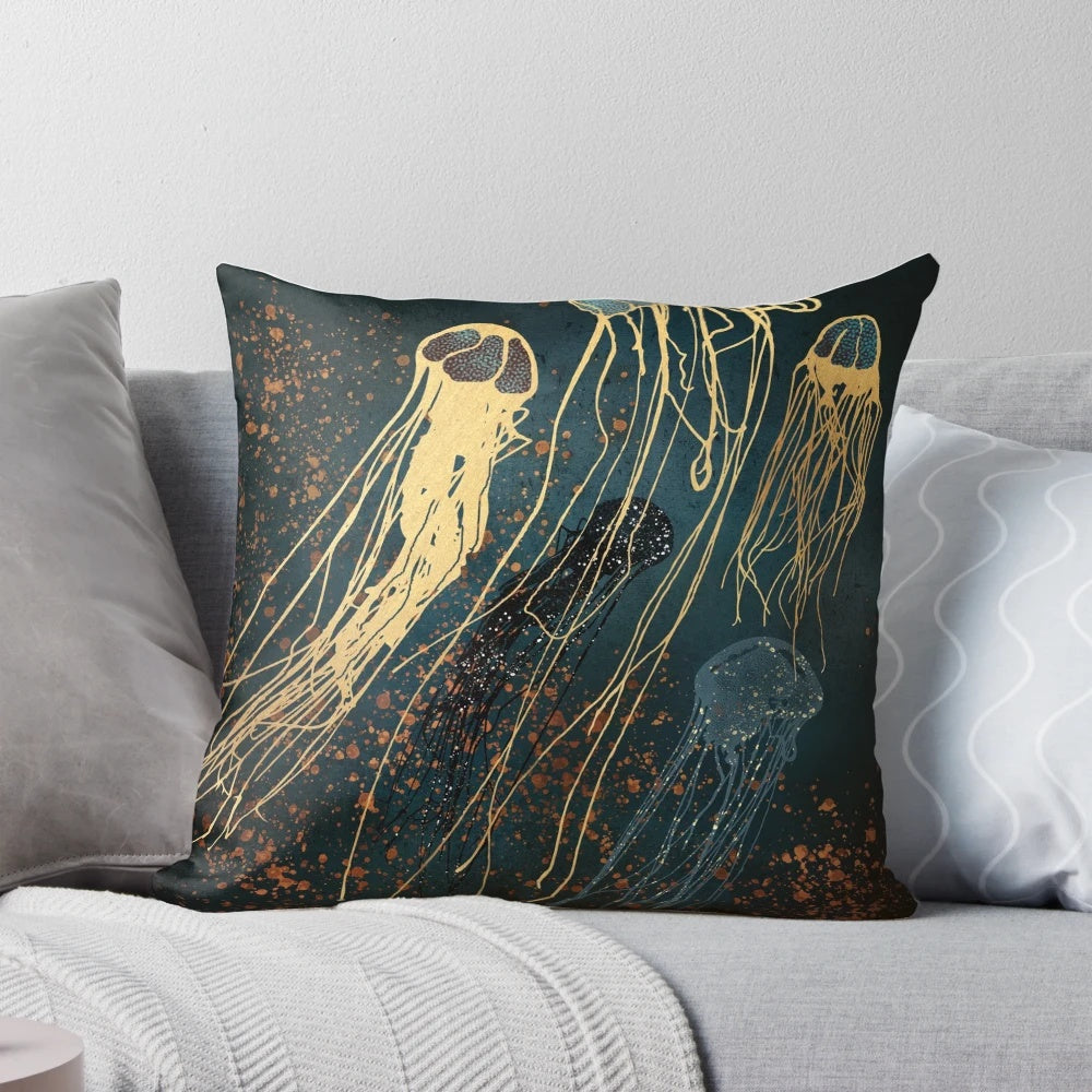Metallic jellyfish pillow in copper, gold, and bronze tones for a contemporary ocean-themed home accent.