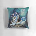 Metallic jellyfish design pillow in hues of blue, indigo, gold, cobalt, and teal