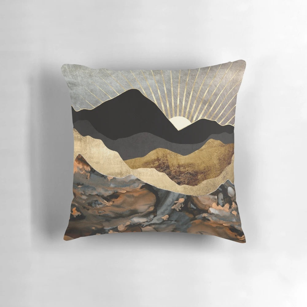 Copper and gold abstract mountain landscape pillow design
