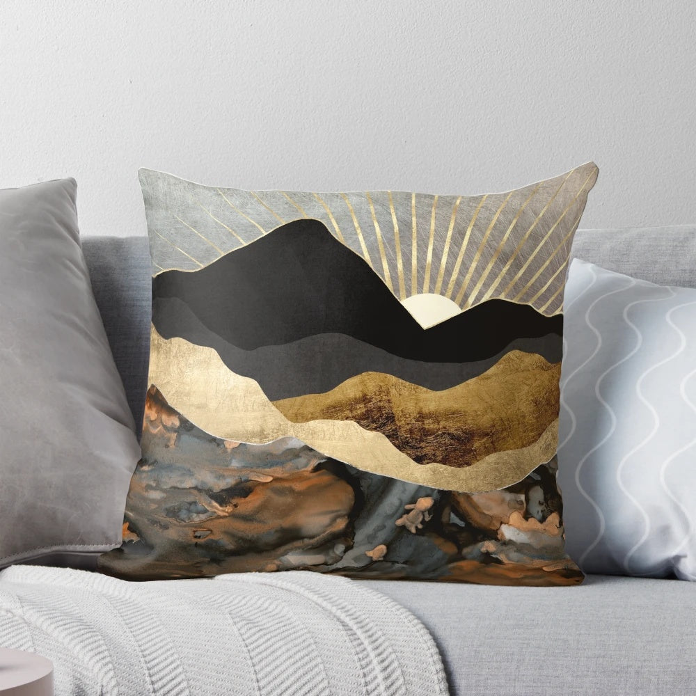Copper and gold abstract mountain landscape pillow design