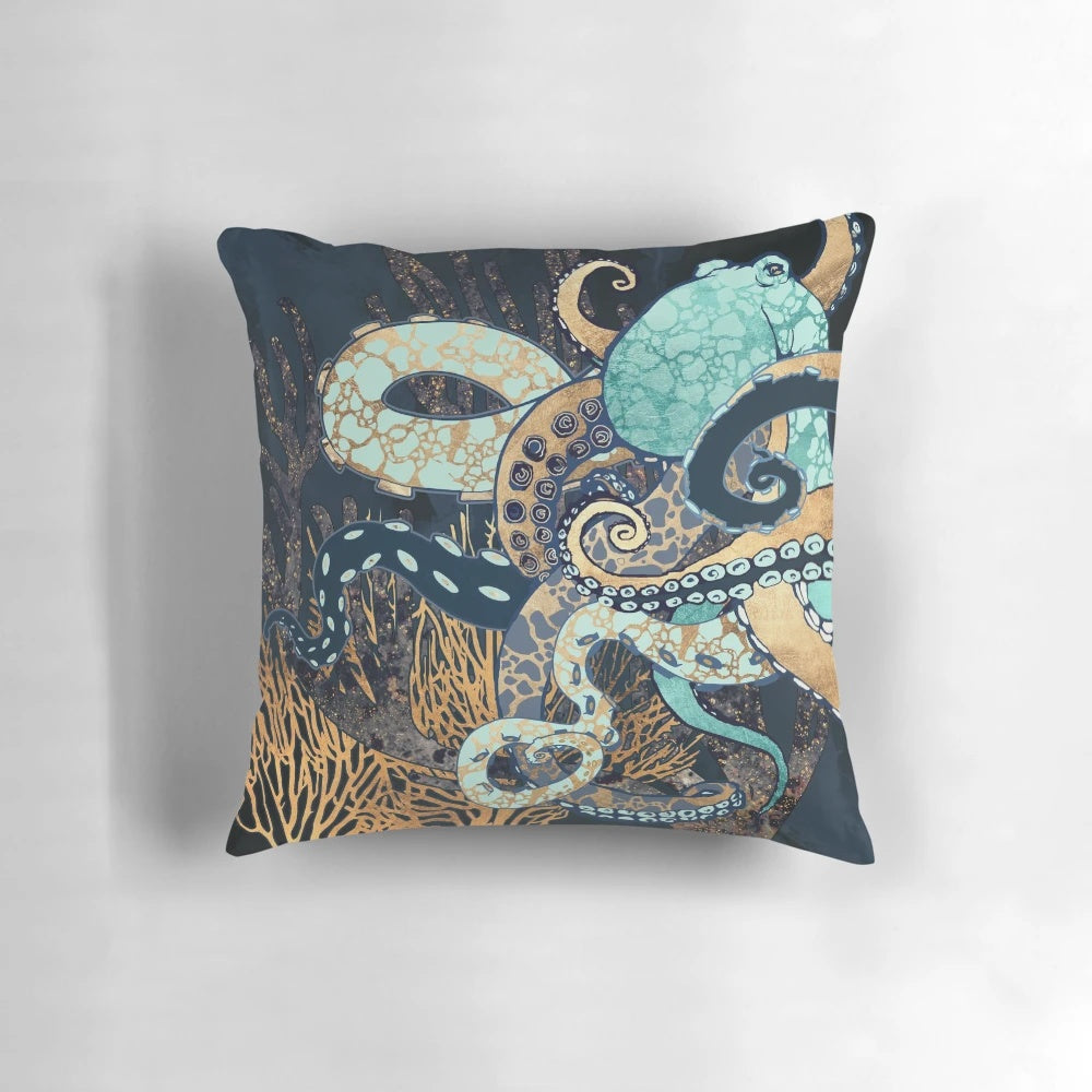 Metallic octopus-themed pillow with vibrant, natural colors