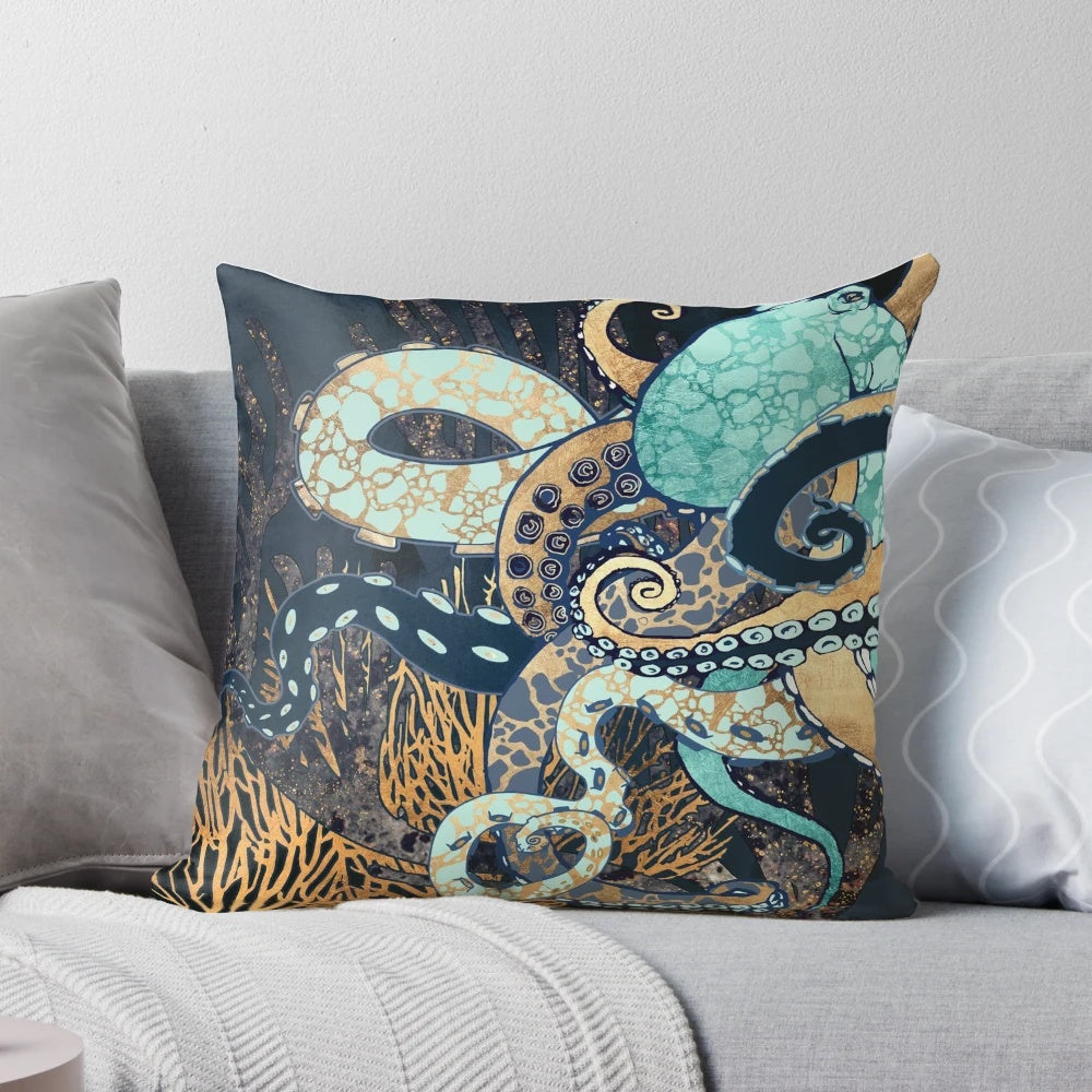 Metallic octopus-themed pillow with vibrant, natural colors