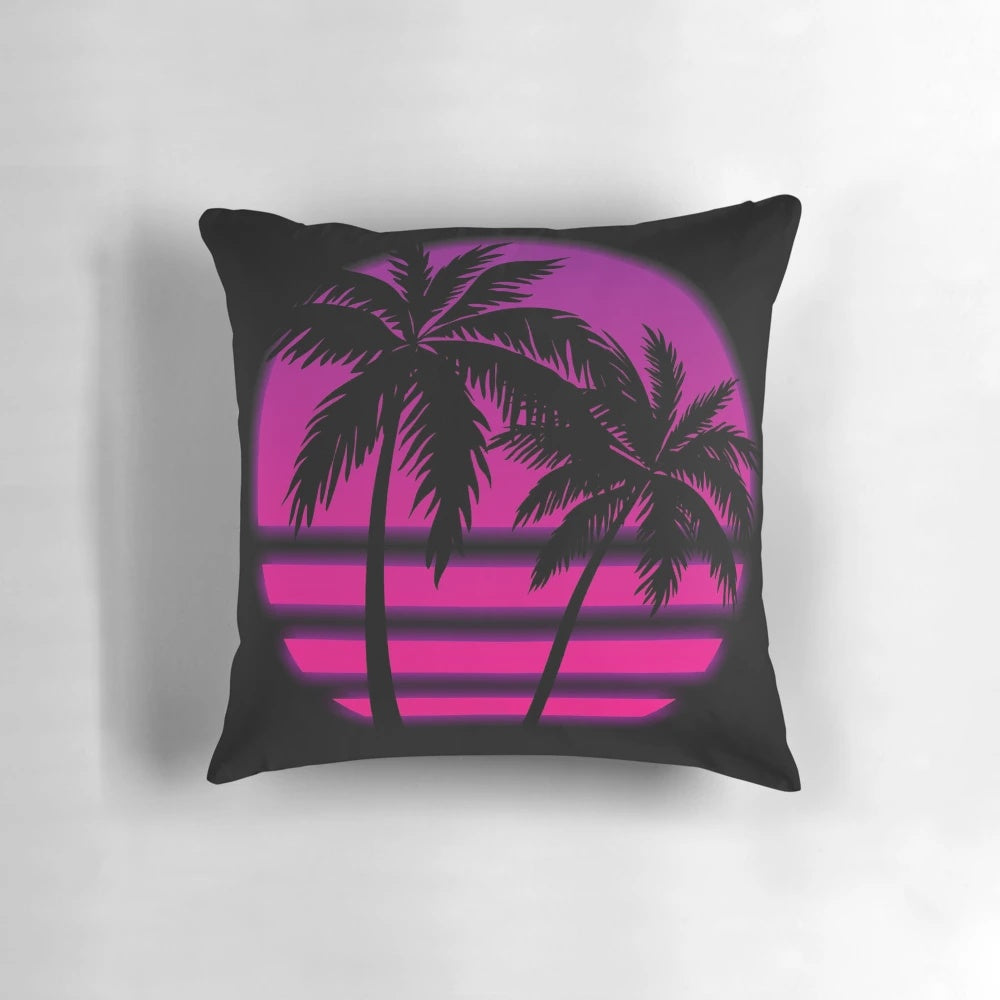 Vibrant Miami Wave Synthwave Pillow with Tropical Sunset Landscape