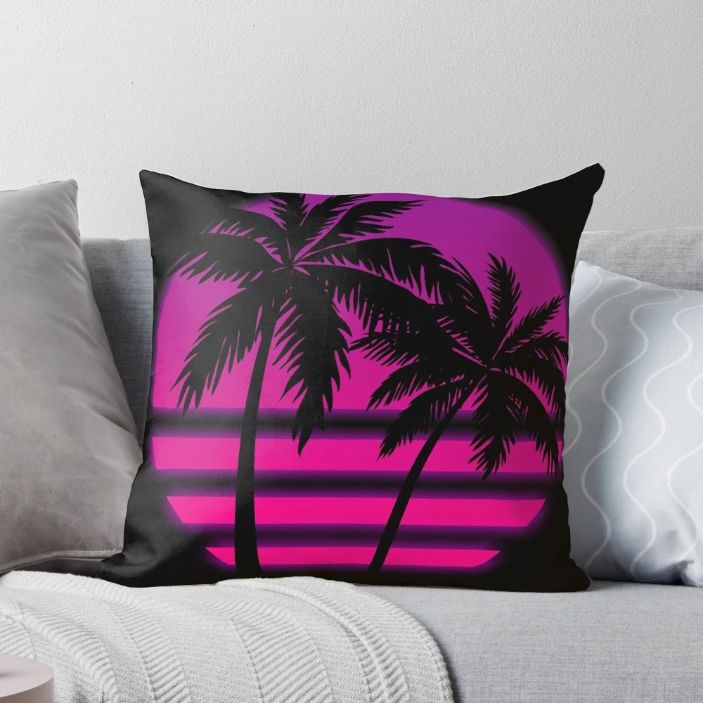 Vibrant Miami Wave Synthwave Pillow with Tropical Sunset Landscape