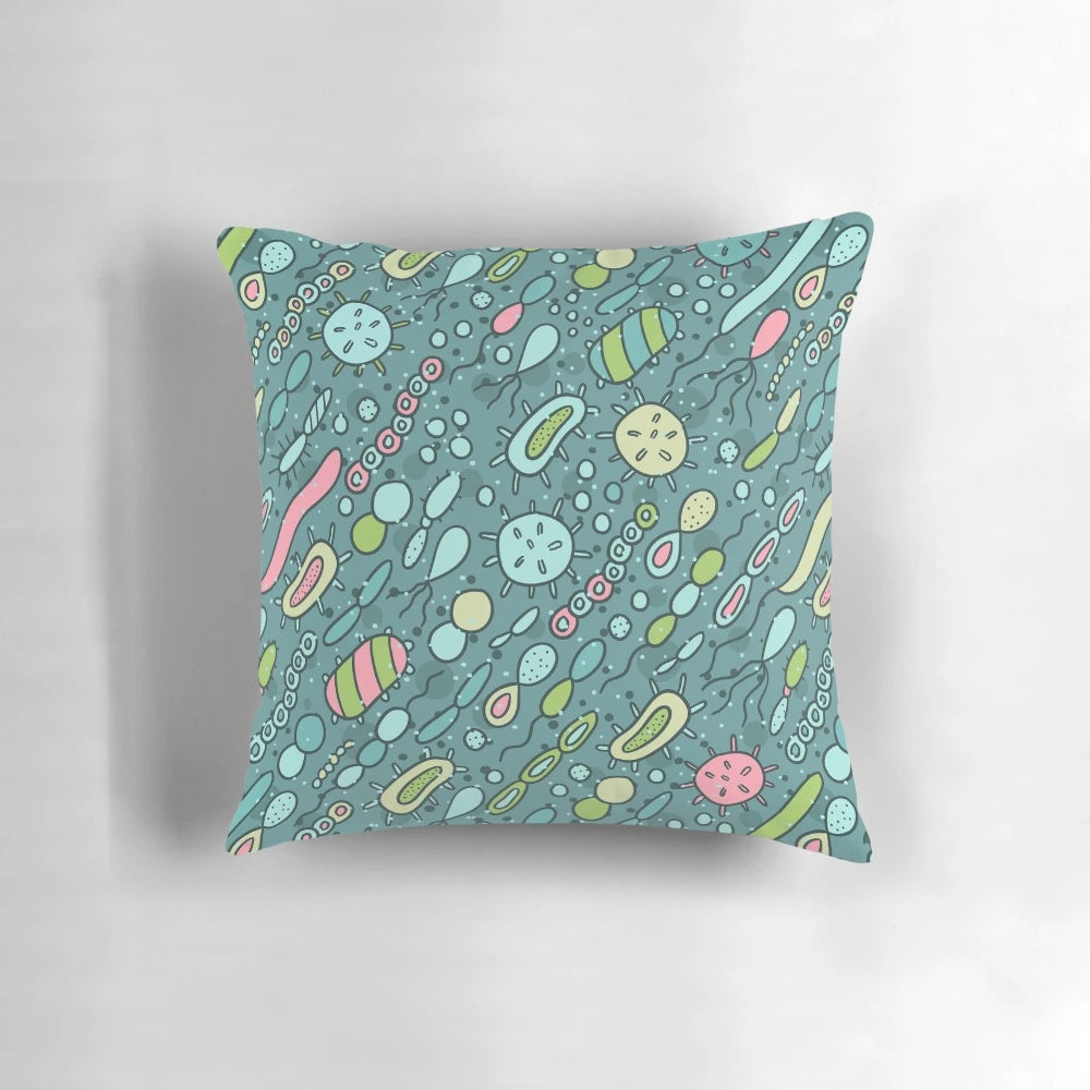 Pillow featuring a vibrant pattern of microbes, bacteria, and viruses for biology enthusiasts.