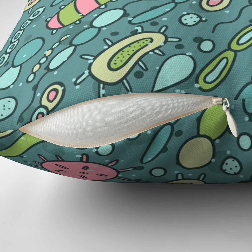 Pillow featuring a vibrant pattern of microbes, bacteria, and viruses for biology enthusiasts.