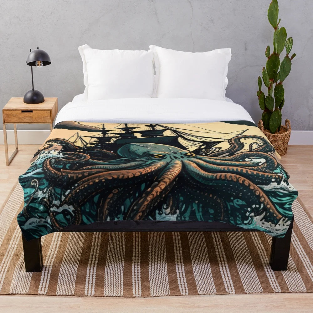 Plush blanket featuring a design of mythical sea creatures