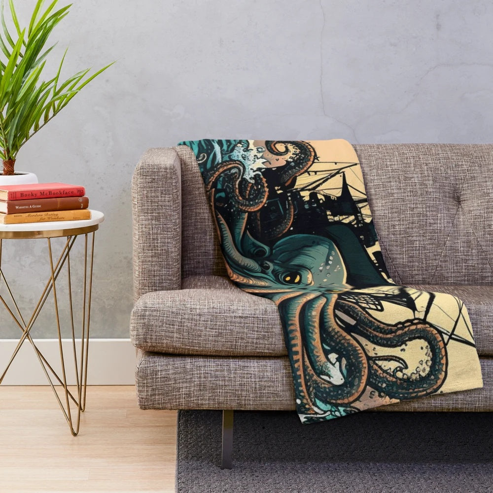 Plush blanket featuring a design of mythical sea creatures