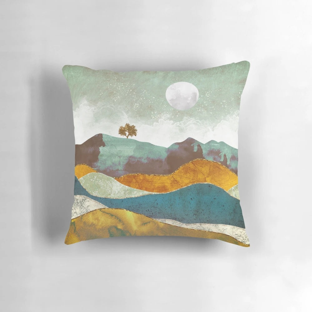 Serene night fog landscape with mountains, moon, and stars printed on a throw pillow