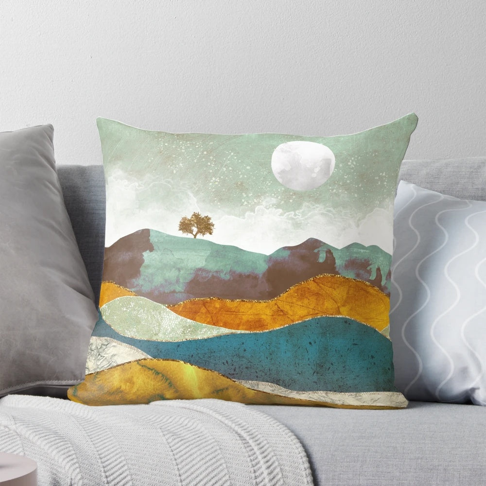 Serene night fog landscape with mountains, moon, and stars printed on a throw pillow