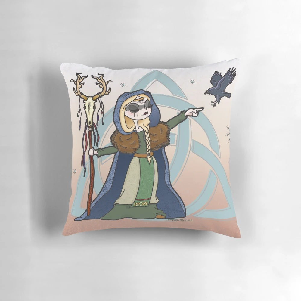 Decorative pillow featuring a Norse-inspired priestess design with a raven, triquetra, and Celtic elements.