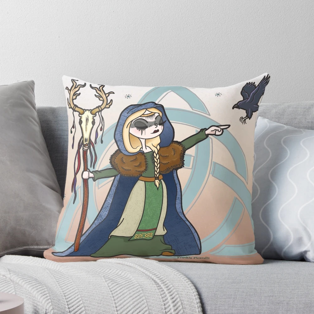 Decorative pillow featuring a Norse-inspired priestess design with a raven, triquetra, and Celtic elements.