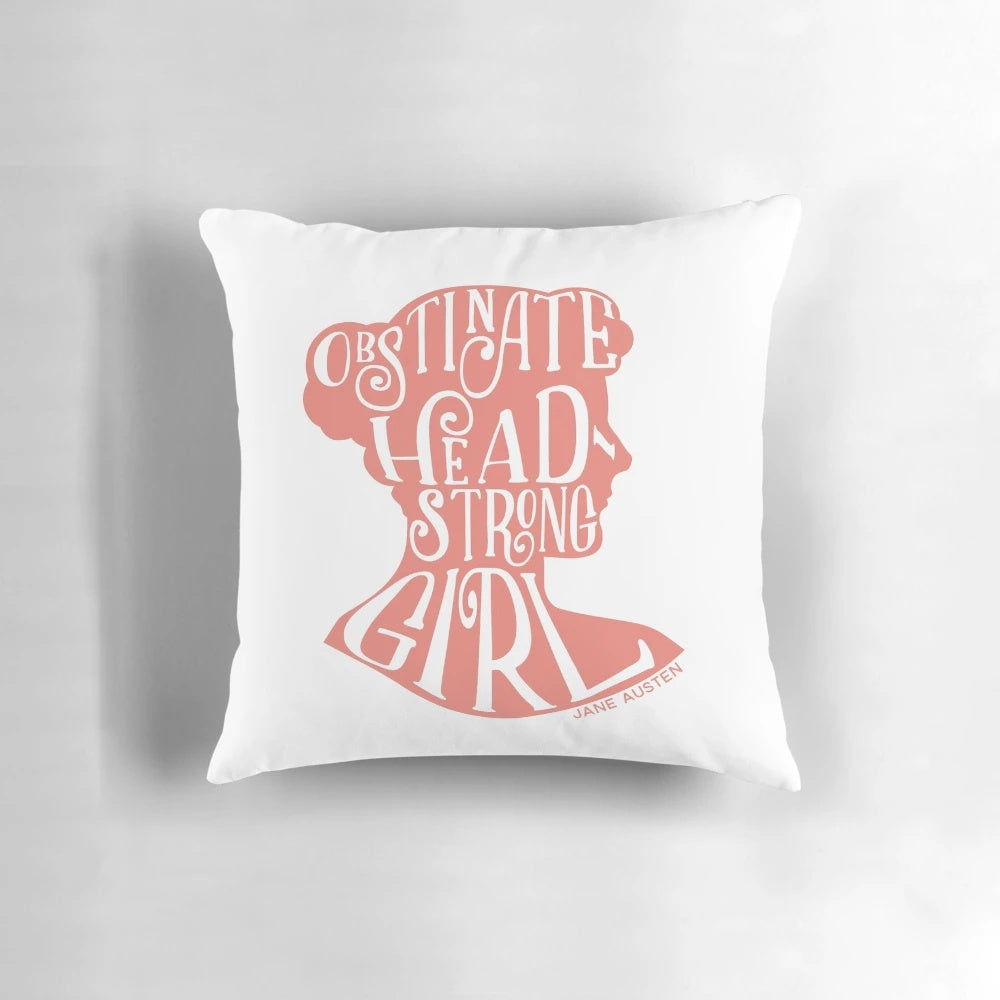 Decorative throw pillow featuring a Jane Austen quote from Pride and Prejudice