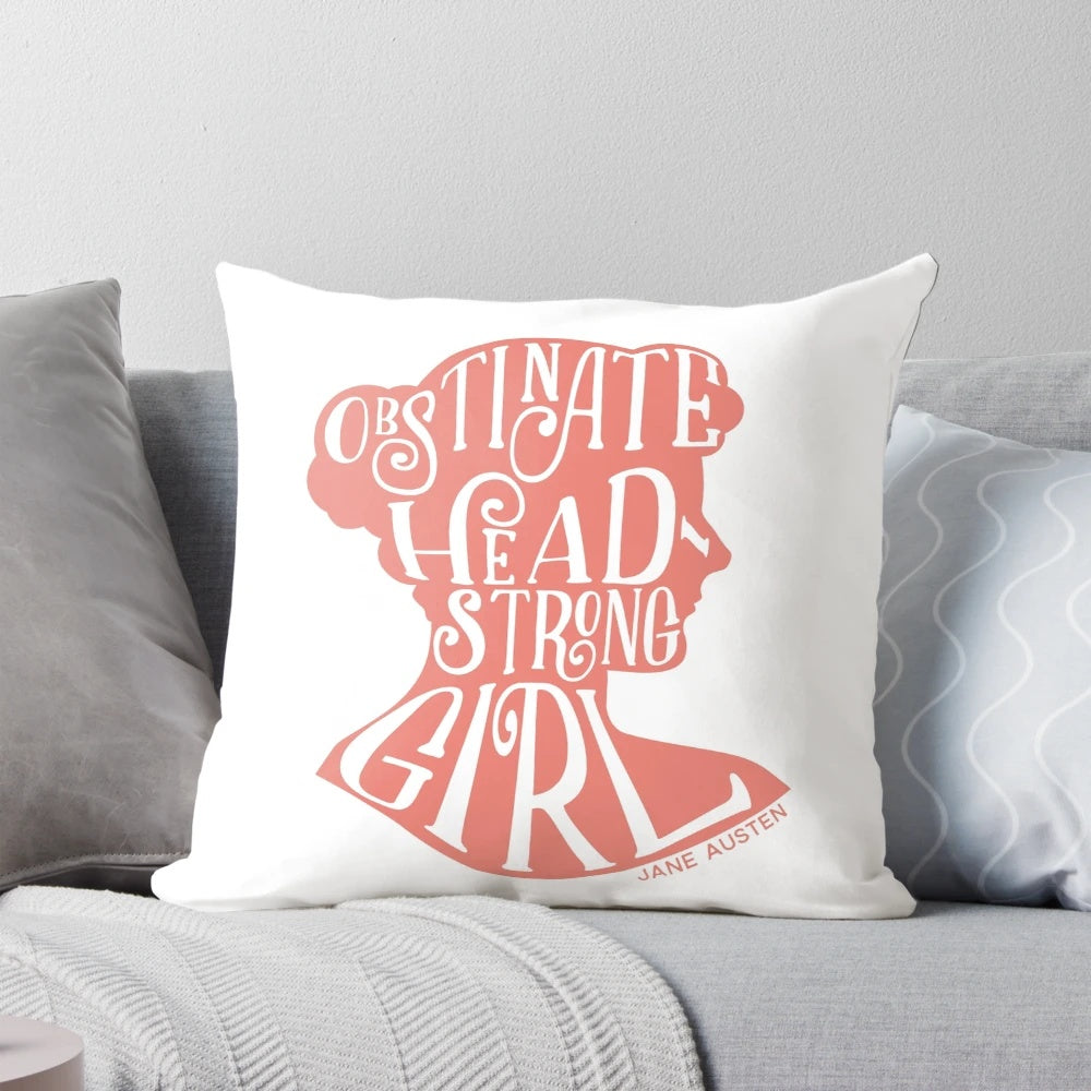 Decorative throw pillow featuring a Jane Austen quote from Pride and Prejudice