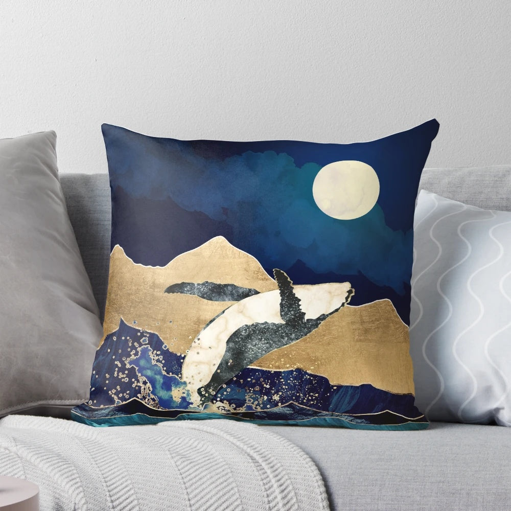 A serene, underwater-themed pillow with a whale, moon, and clouds design for a peaceful, restful sleep.