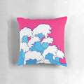 Vibrant abstract art pillow with flowing water and color shapes, perfect for coastal home decor.