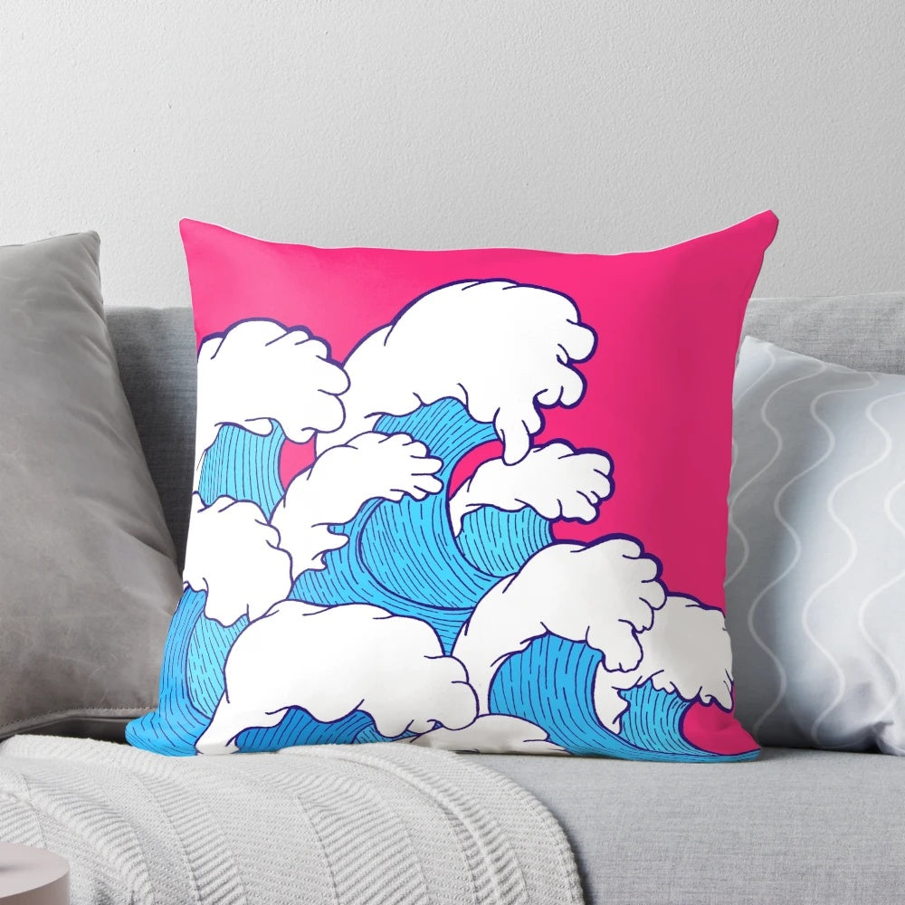 Vibrant abstract art pillow with flowing water and color shapes, perfect for coastal home decor.