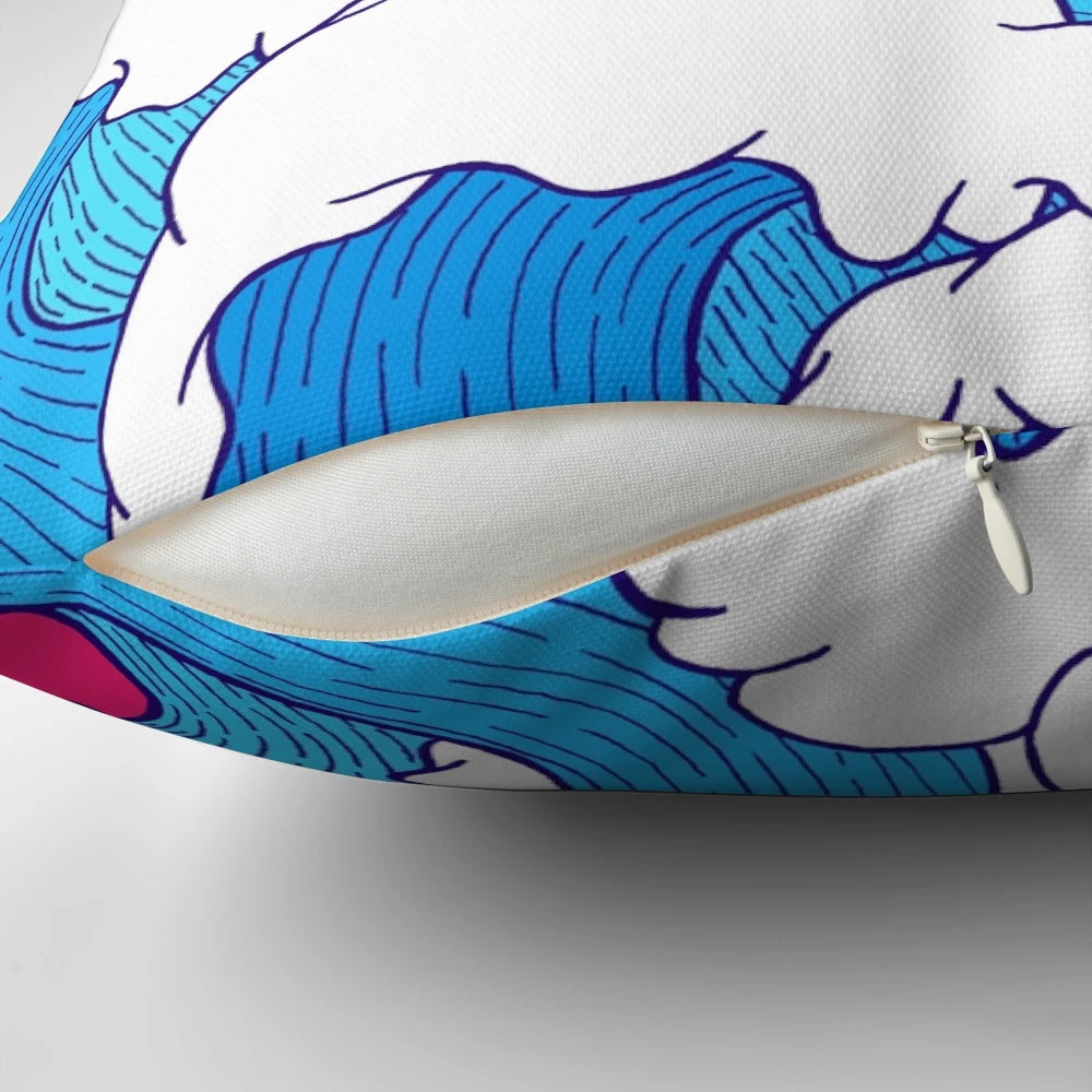 Vibrant abstract art pillow with flowing water and color shapes, perfect for coastal home decor.