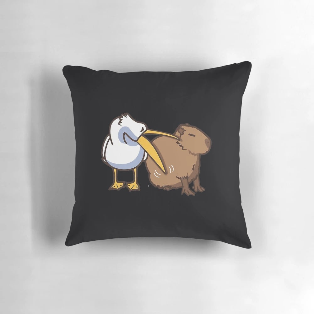 Vibrant photograph of a pelican attempting to eat a capybara, printed on a soft and durable pillow