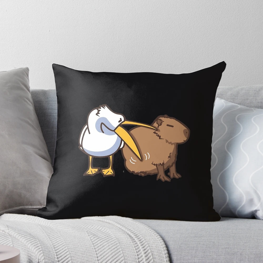 Vibrant photograph of a pelican attempting to eat a capybara, printed on a soft and durable pillow