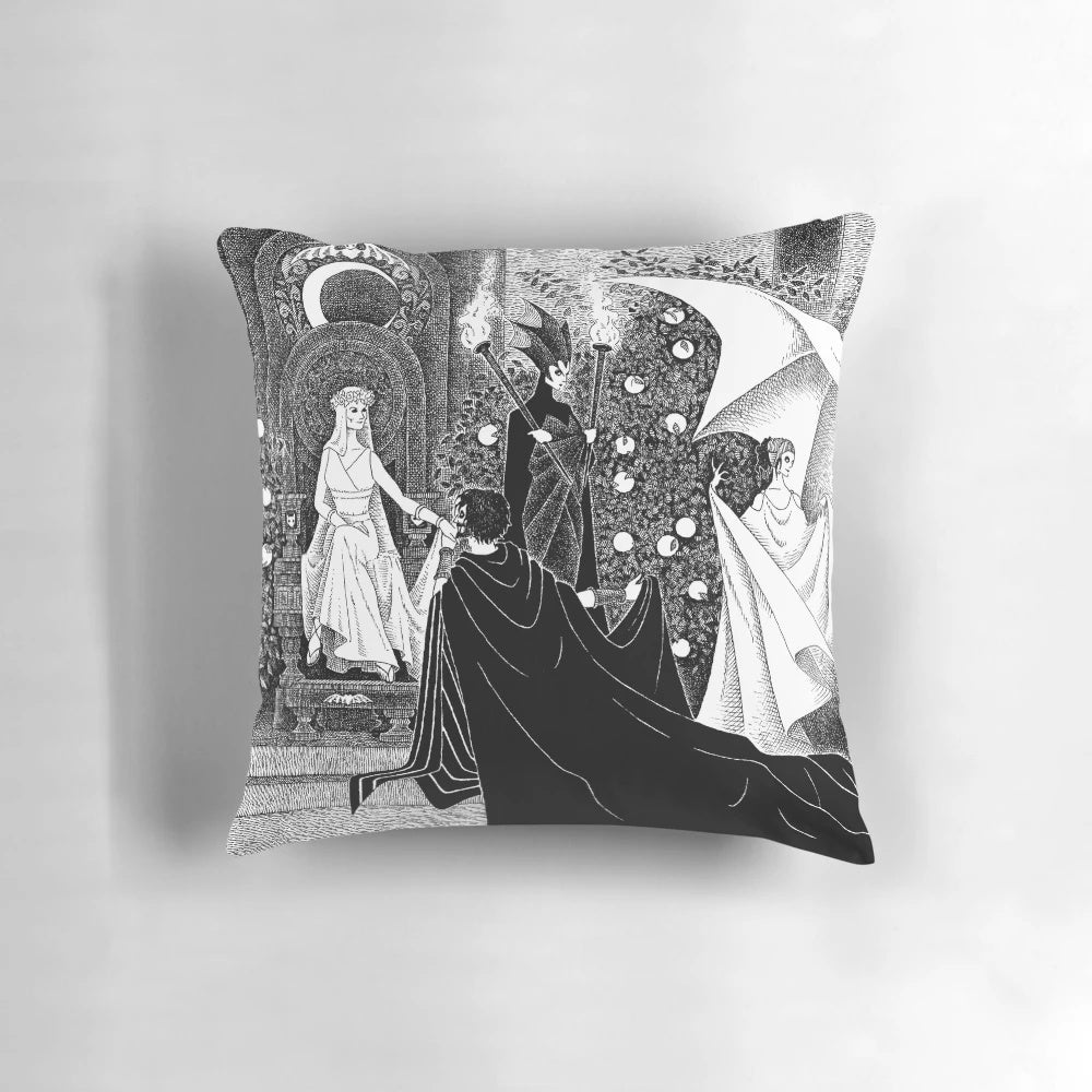 Artfully crafted pillow featuring the mythological figures Persephone and Hades in a striking ink illustration.