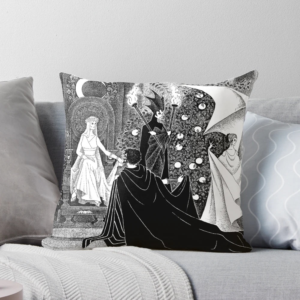 Artfully crafted pillow featuring the mythological figures Persephone and Hades in a striking ink illustration.