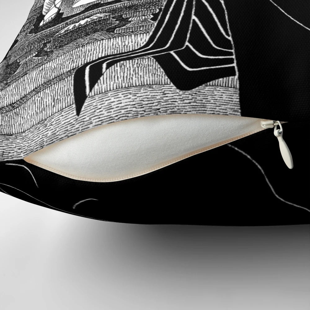 Artfully crafted pillow featuring the mythological figures Persephone and Hades in a striking ink illustration.