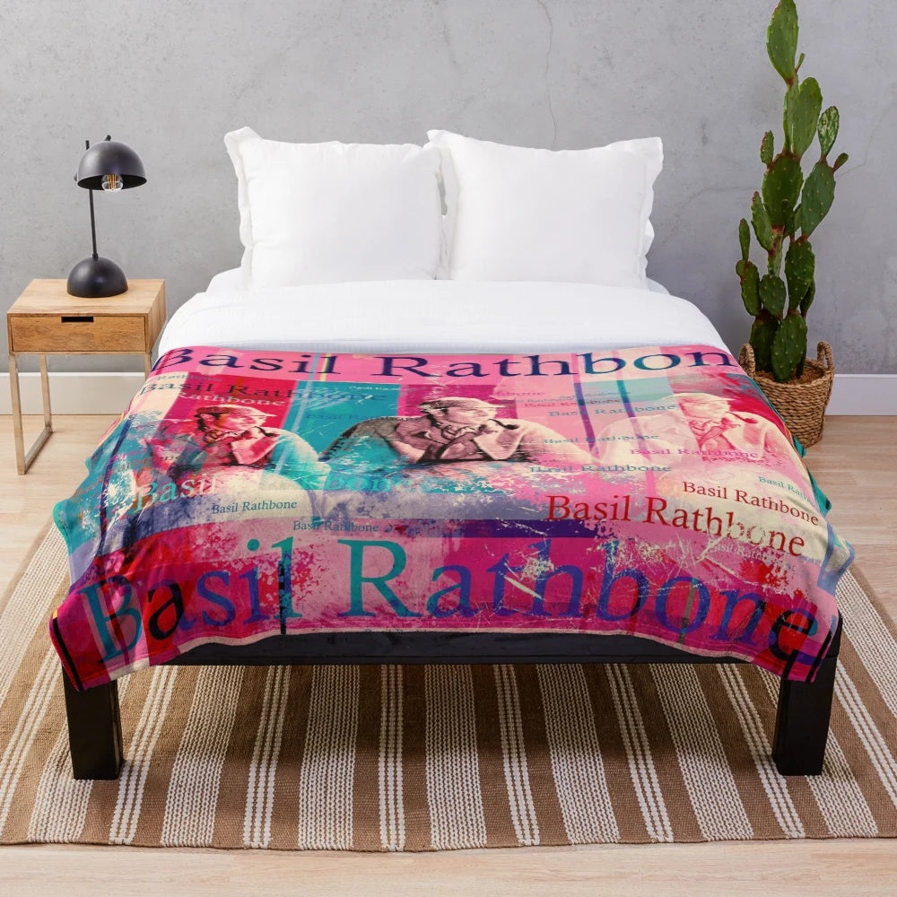 A plush blanket showcasing a captivating collage design with Basil Rathbone as Sherlock Holmes