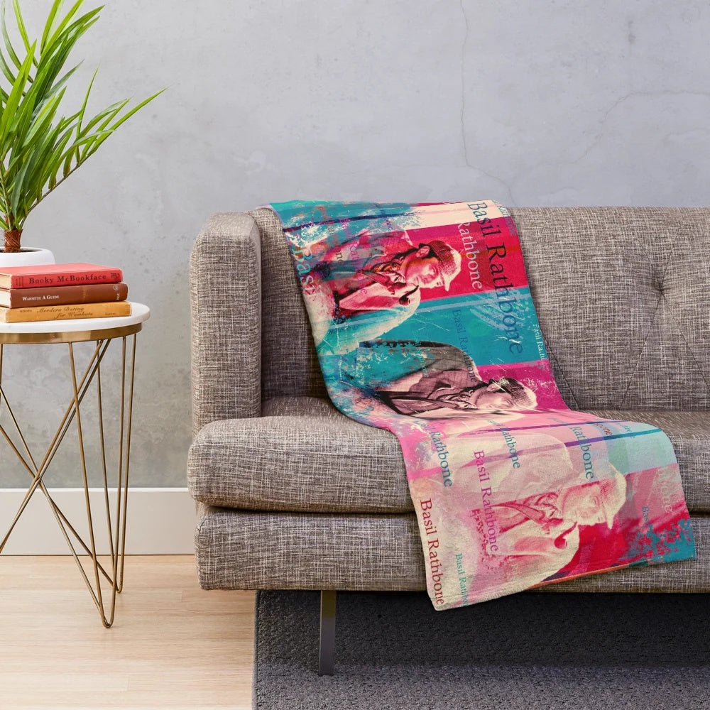 A plush blanket showcasing a captivating collage design with Basil Rathbone as Sherlock Holmes