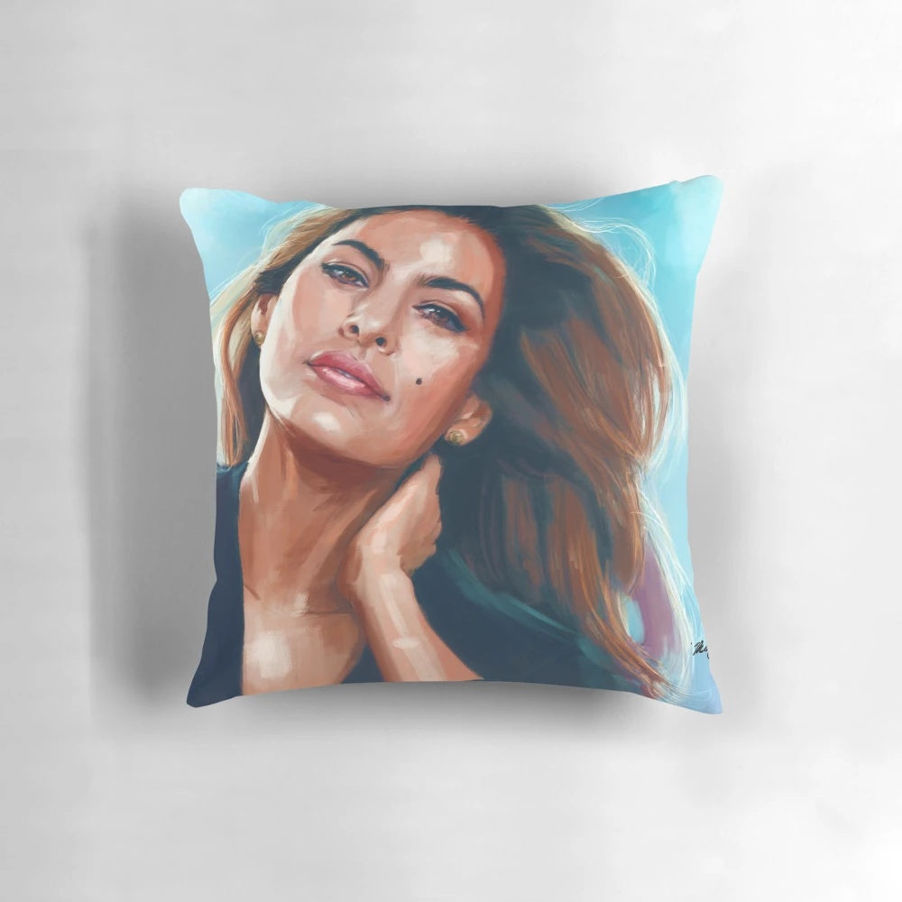 Stunning fan art portrait of actress Eva Mendes on a sky-themed pillow by artist Mark Clark.