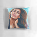 Stunning fan art portrait of actress Eva Mendes on a sky-themed pillow by artist Mark Clark.