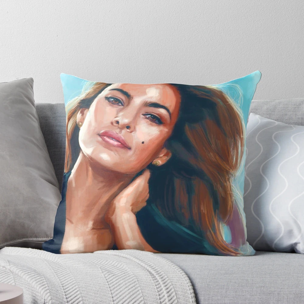 Stunning fan art portrait of actress Eva Mendes on a sky-themed pillow by artist Mark Clark.
