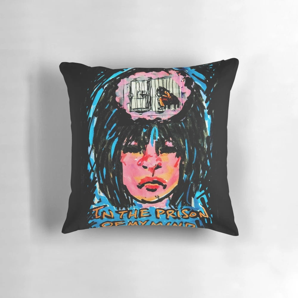 A dark, moody pillow design representing the 'prison of the mind' concept