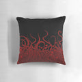 A Pillow featuring a striking red tentacle design against a black background, evoking the mysterious depths of the ocean.