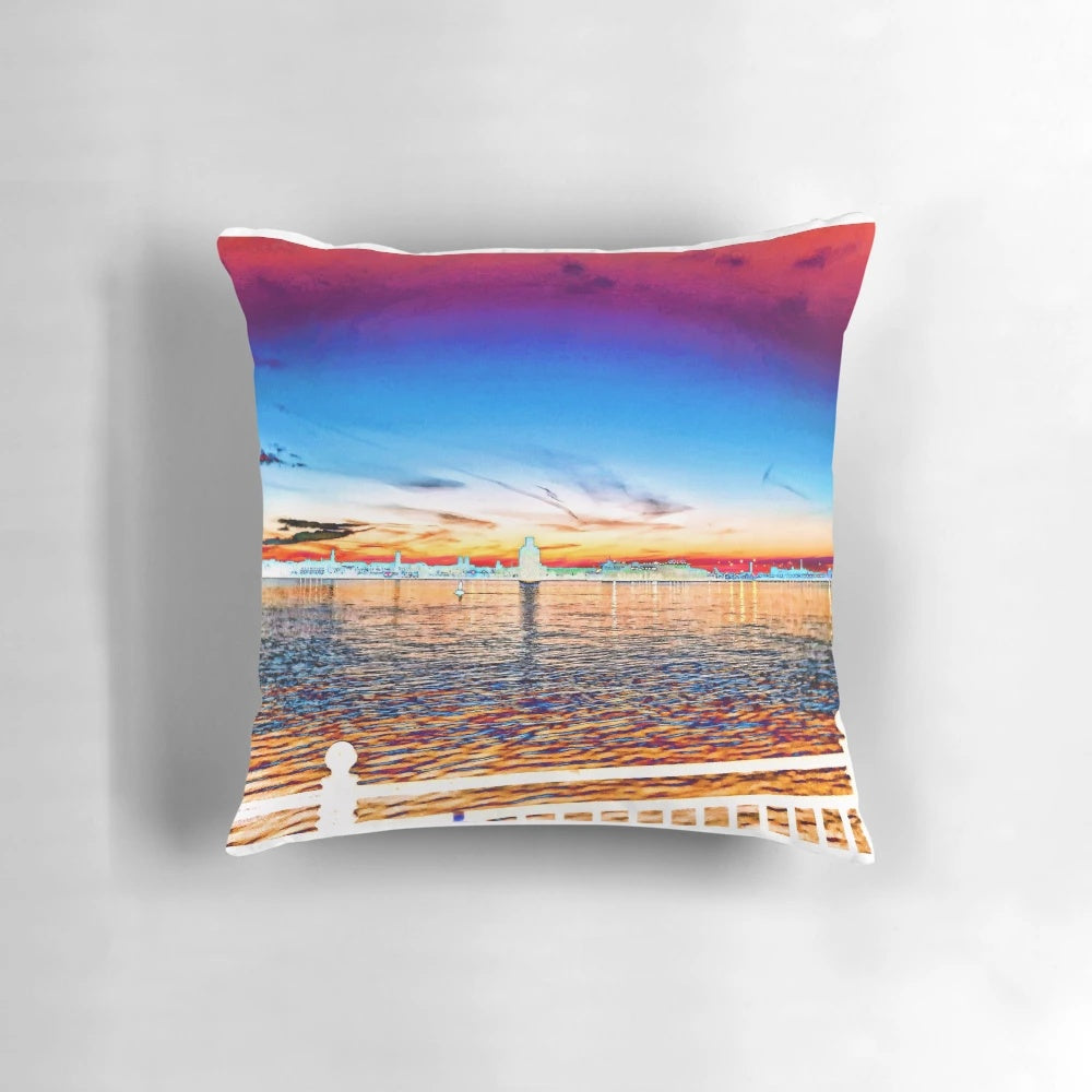 Vibrant abstract art pillow featuring the River Mersey in Merseyside, UK