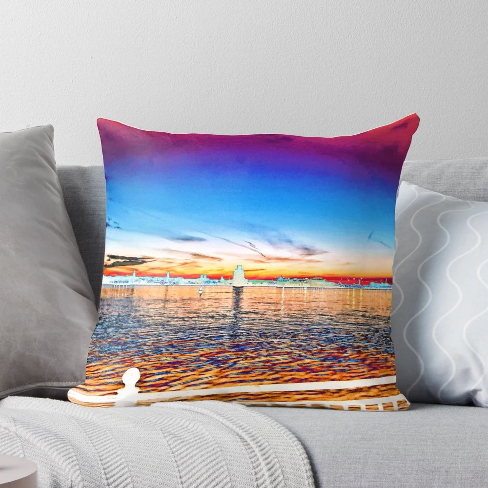 Vibrant abstract art pillow featuring the River Mersey in Merseyside, UK