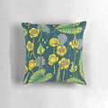 Vibrant and serene river-inspired pillow featuring a botanical design with yellow water lilies, tadpoles, and underwater scenery.