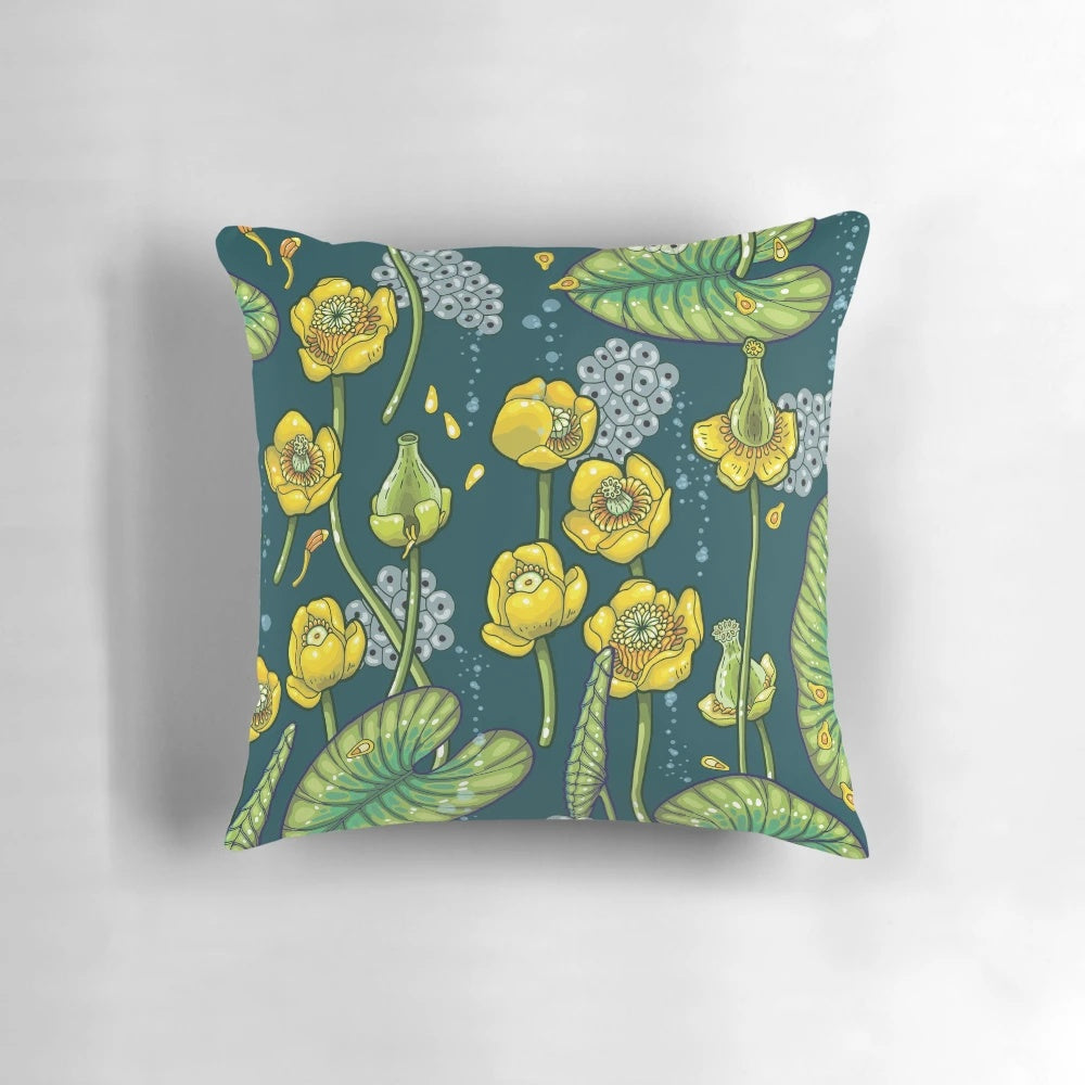 Vibrant and serene river-inspired pillow featuring a botanical design with yellow water lilies, tadpoles, and underwater scenery.