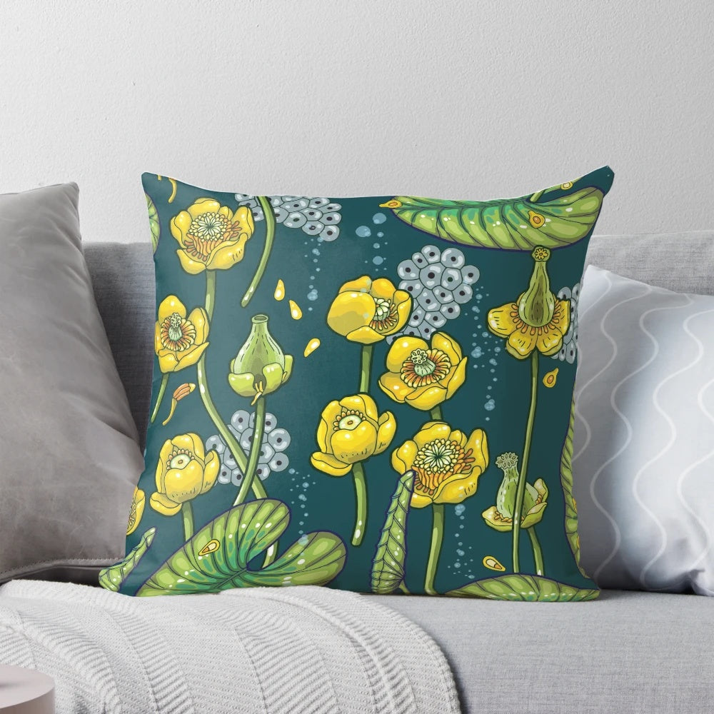 Vibrant and serene river-inspired pillow featuring a botanical design with yellow water lilies, tadpoles, and underwater scenery.