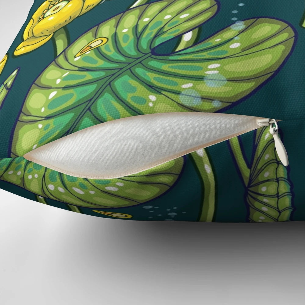 Vibrant and serene river-inspired pillow featuring a botanical design with yellow water lilies, tadpoles, and underwater scenery.
